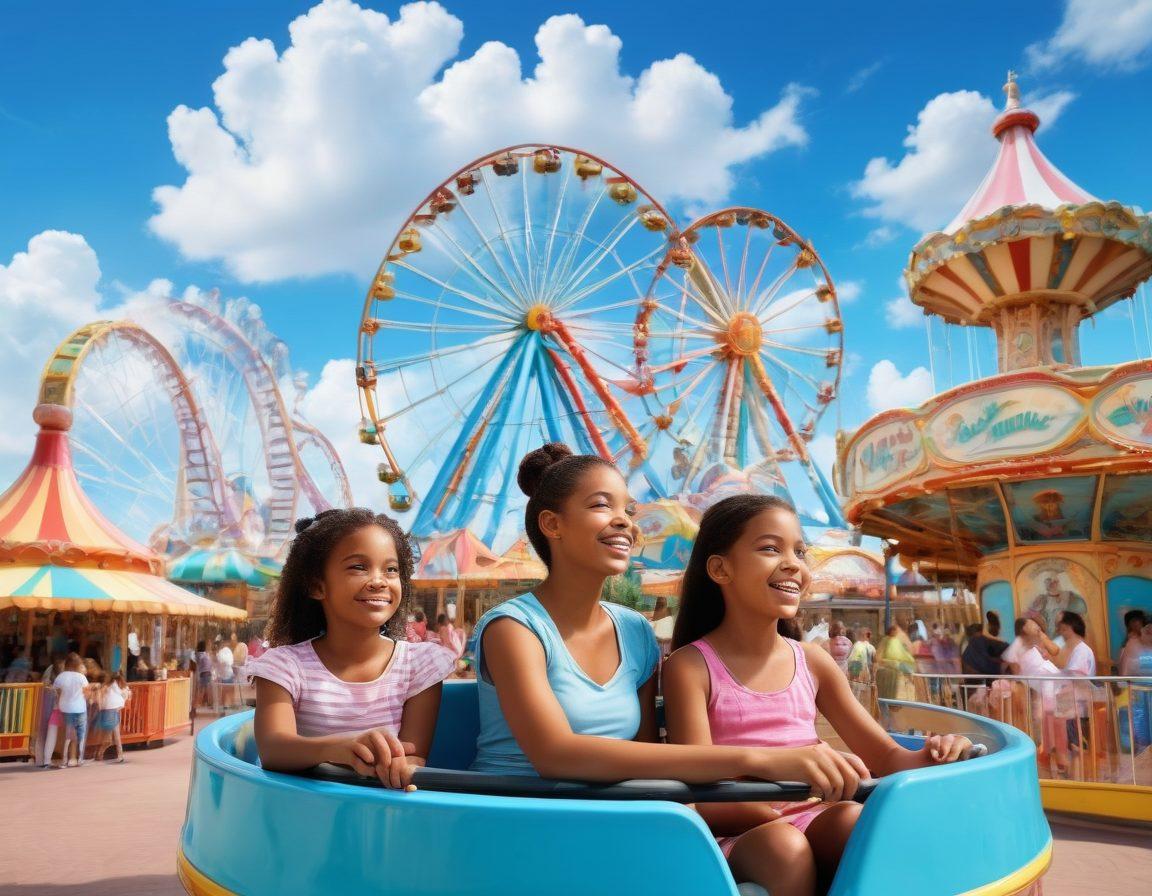 A vibrant scene depicting a diverse family happily exploring a colorful amusement park, with roller coasters and attractions in the background. Include children of different ages engaging in fun activities like ice cream eating, games, and riding a carousel. Bright blue skies and fluffy clouds create a cheerful atmosphere. Emphasize inclusivity with family members from different cultures enjoying their day. super-realistic. vibrant colors.