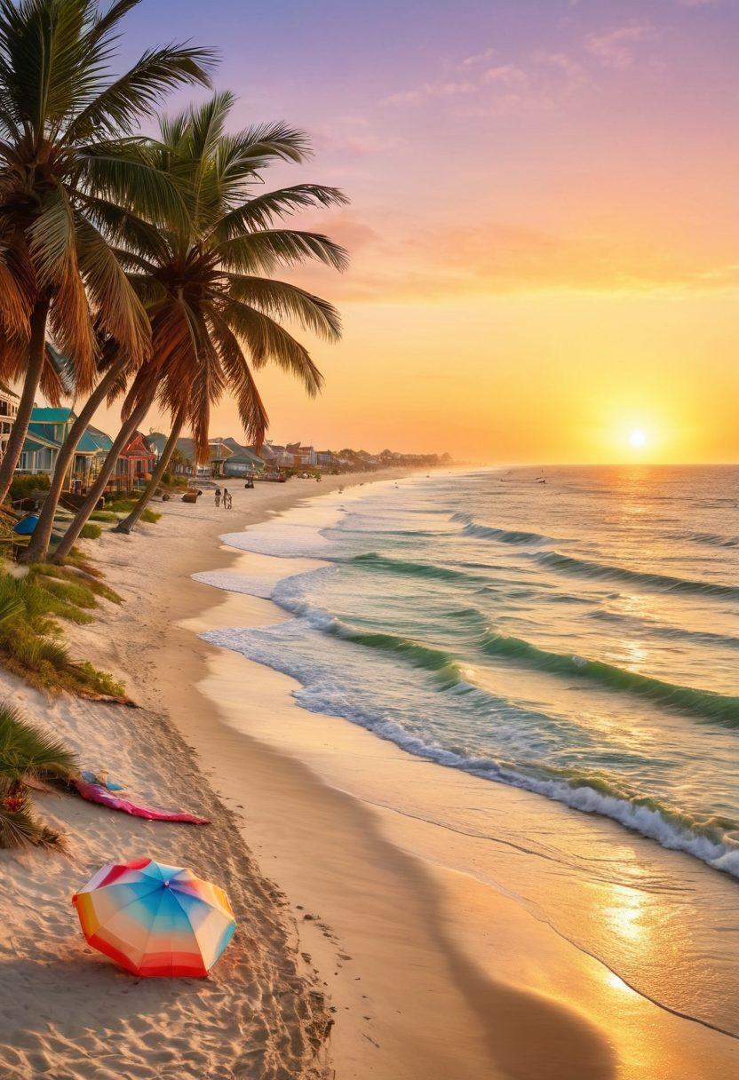 A vibrant beach scene showcasing the joyful essence of Galveston Island, featuring colorful beach umbrellas, people enjoying sunbathing, children building sandcastles, and palm trees swaying in the breeze. The backdrop should highlight the sparkling Gulf waters and a cheerful sunset. Evoke a sense of relaxation and adventure. super-realistic. vibrant colors. white background.